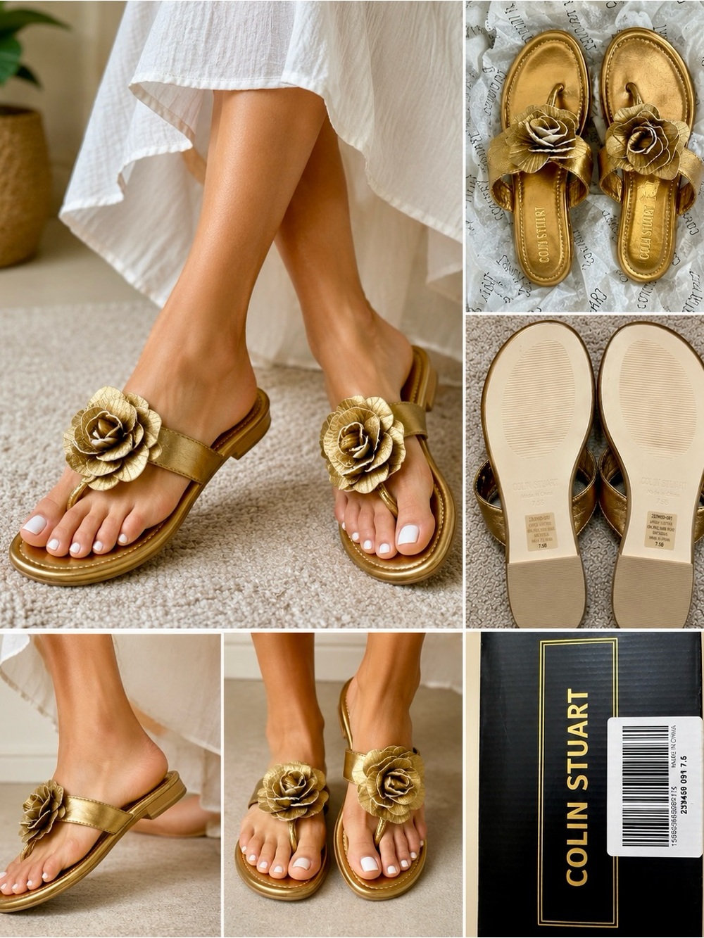 Colin Stuart Metallic Gold Floral Toe-Post Sandals